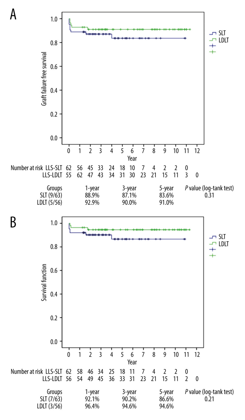 Survival outcomes of the SLT and LDLT groups. (A) Graft survival rates of the SLT (n=63) and LDLT (n=57) groups. (B) Overall survival rates of the SLT (n=63) and LDLT (n=57) groups.