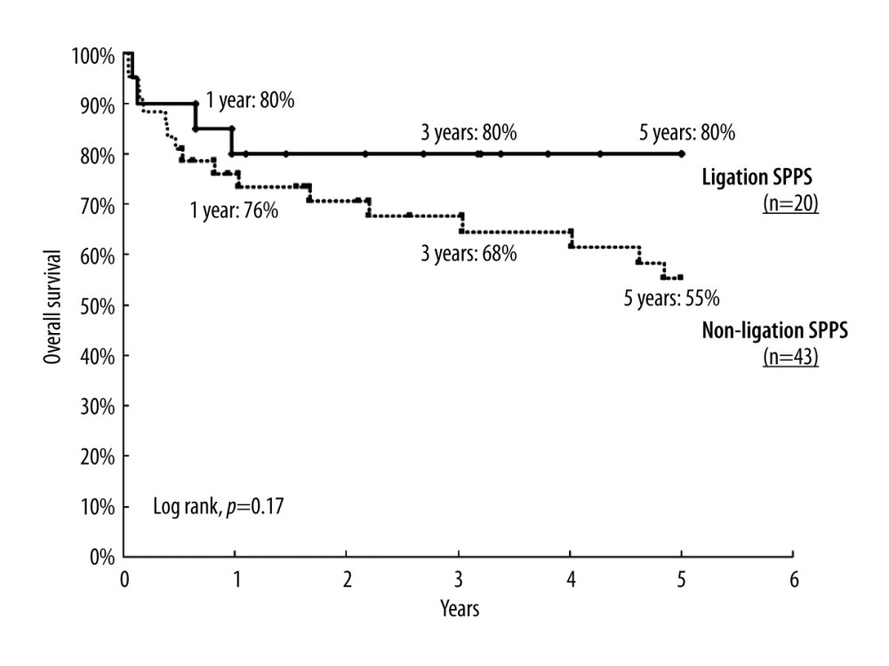 Overall survival of patients with spontaneous portosystemic shunts (SPSS) in ligation and non-ligation groupsThe overall survival rate at 1, 3, and 5 years were 80%, 80%, and 80%, respectively, in the ligation group, and 76%, 68%, and 55%, respectively, in the non-ligation group. This difference was not statistically significant (P=0.17).