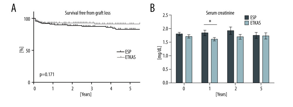 Graft loss and graft function. (A) Kaplan-Meier plot illustrating survival free from graft loss by organ allocation method. (B) Graft function following kidney transplantation as assessed by serum creatinine levels. ESP – Eurotransplant Senior Program; ETKAS – Eurotransplant Kidney Allocation System. * P<0.05. (GraphPad Prism version 8.0, GraphPad Software, Inc., San Diego, CA, USA).