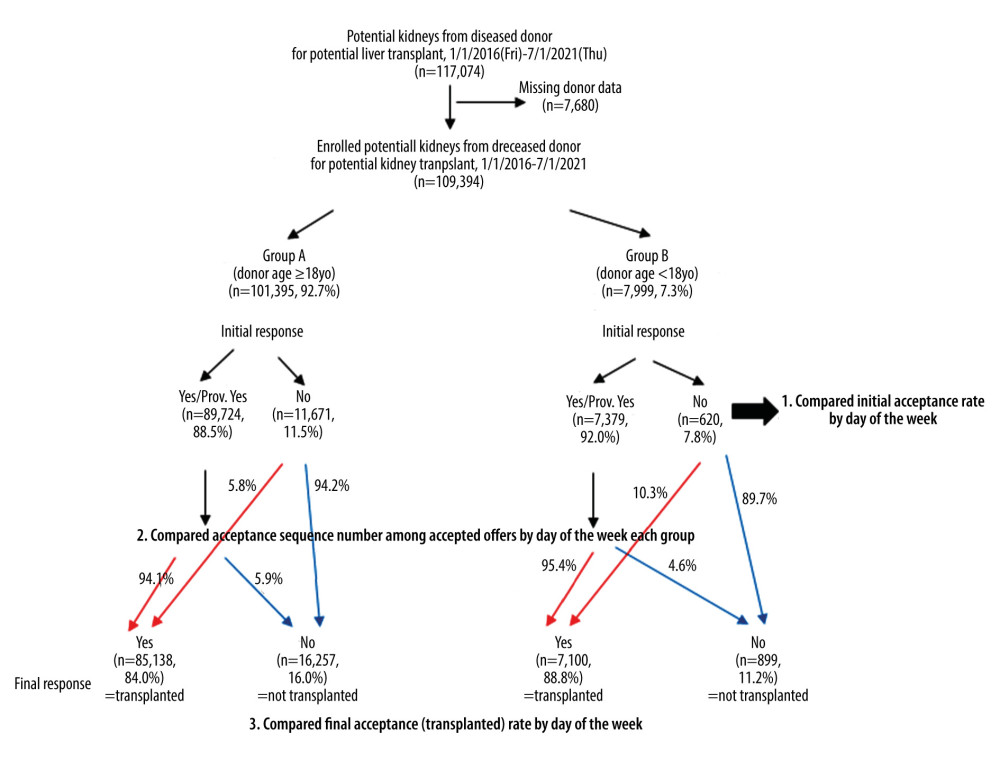 Schematic illustration of our cohort study of potential kidneys from deceased donors from 1/1/2016 to 7/1/2021. In the Group A (adult cases), 94.1% of initial offer acceptances accepted the kidney for transplant but 5.9% did not. On the other hand, 94.2% of initial offer declines declined the kidney for transplant, but 5.8% did not. In the Group B (pediatric cases), 95.4% of initial offer acceptances accepted the kidney for transplant, but 4.6% did not. On the other hand, 89.7% of initial offer declines declined the kidney for transplant, but 10.3% did not. Created using Microsoft® PowerPoint® for Microsoft 365 MSO (Version 2202 Build 16.0.14931.20602) 32-bit.