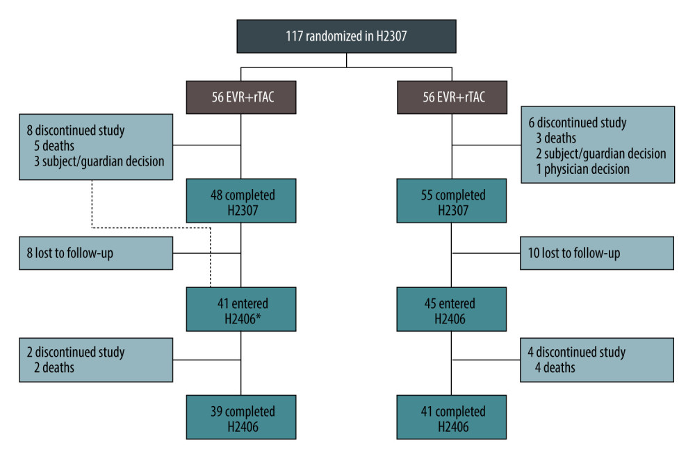 Patient disposition up to Month 60. * One patient discontinued the core study, but was enrolled in H2406. Created using Microsoft Office (2016, Microsoft).