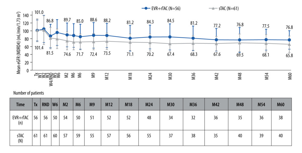 Evolution of renal function until Month 60 (in ITT population). eGFR – estimated glomerular filtration rate; MDRD4 – modification of diet in renal diseases-4; EVR+rTAC – everolimus plus reduced tacrolimus; M – month; RND – randomization; sTAC – standard tacrolimus; Tx – transplantation; W – week. Created using Microsoft Office (2016, Microsoft).