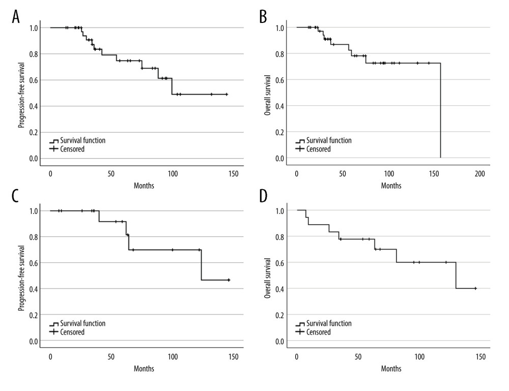 Progression-free survival and overall survival of myeloma (A, B) and lymphoma (C, D). (SPSS software, version 28.0, IBM, SPSS, Inc., Chicago, IL, USA).
