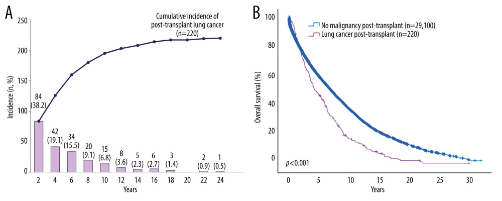 Incidence of post-transplant lung cancer and overall survival (OS) of patients who received double-lung transplantation (DLT) from OPTN data. (A) Annual and cumulative incidence of post-transplant lung cancer in patients who underwent DLT for non-cancerous disease. (B) Comparison of OS between patients with and without post-transplant lung cancer after DLT for non-cancerous disease. Created using Microsoft Excel 2021 and SPSS, Inc. SPSS version 29.0, IBM, Chicago, IL, USA.