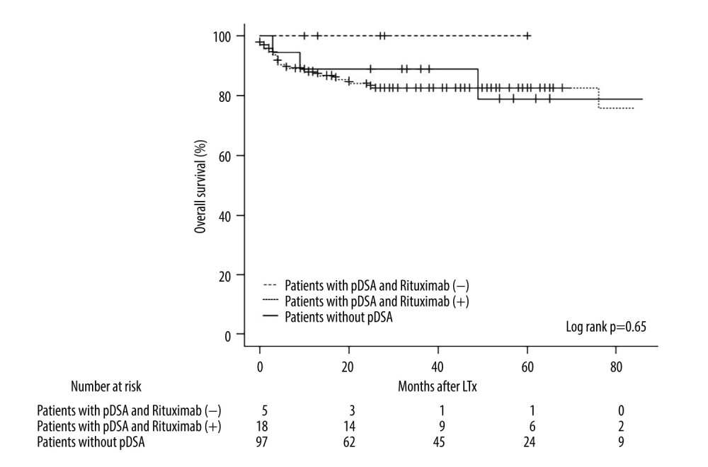 Kaplan-Meier curve for the overall survival of patients in the rituximab (+) and rituximab (−) groups and patients without pDSA. LTx – liver transplantation; pDSA – preformed donor-specific antibody.