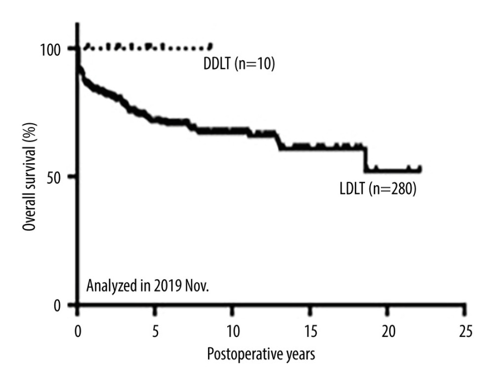Overall survival of patients after primary liver transplantation.