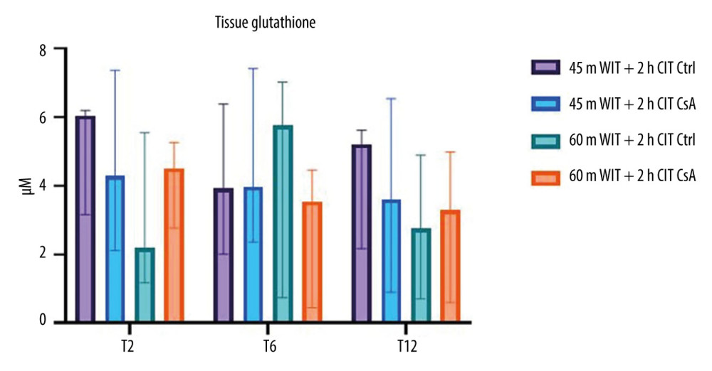 Tissue glutathione concentrations for liver biopsies taken at 2 (T2), 6 (T6), and 12 (T12) hours after reperfusion for control (Ctrl) and treated (CsA) livers subject to 45 or 60 minutes of warm ischemia (45 m WIT, 60 m WIT) and 2 or 4 hours of cold ischemia (2 h CIT, 4 h CIT). Created in Prism (v9.0, GraphPad Software, Inc.
