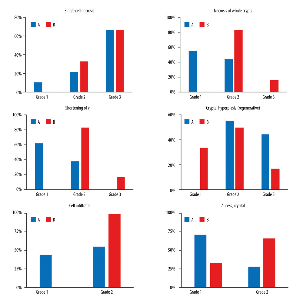 Effect of apraglutide on morphological damage of the jejunum and histological score induced by TBI (8.5 Gy) followed by allogeneic transplantation. Group A: TBI/transplanted mice treated with apraglutide; Group B: TBI/transplanted mice treated with vehicle. TBI at 8.5 Gy was applied. TBI – total body irradiation.