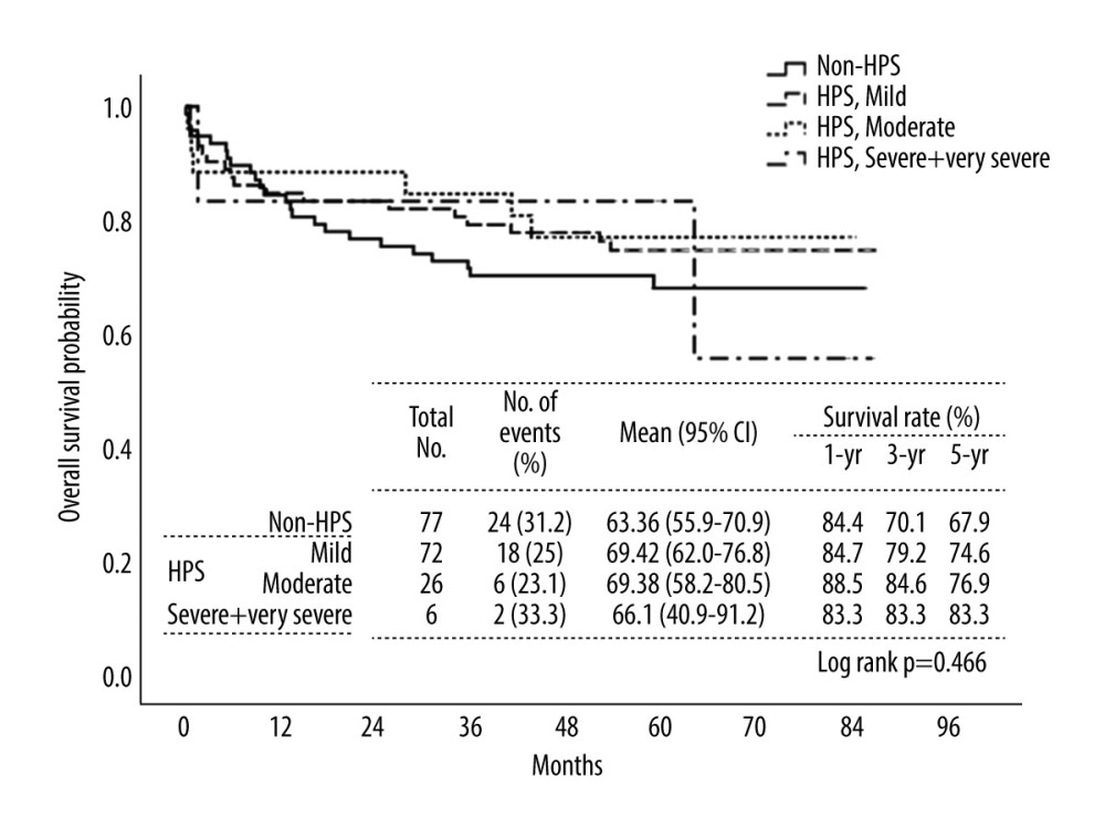 Kaplan-Meier curves displaying the estimated overall survival probability for non-HPS group and different grades of HPS. When comparing patients in the non-HPS and HPS groups with different severity grades, no significant difference was found. The severe and very severe grades were combined due to fewer case numbers. HPS – hepatopulmonary syndrome. IBM SPSS Statistics (version 27.0) was used for creation of the figure.