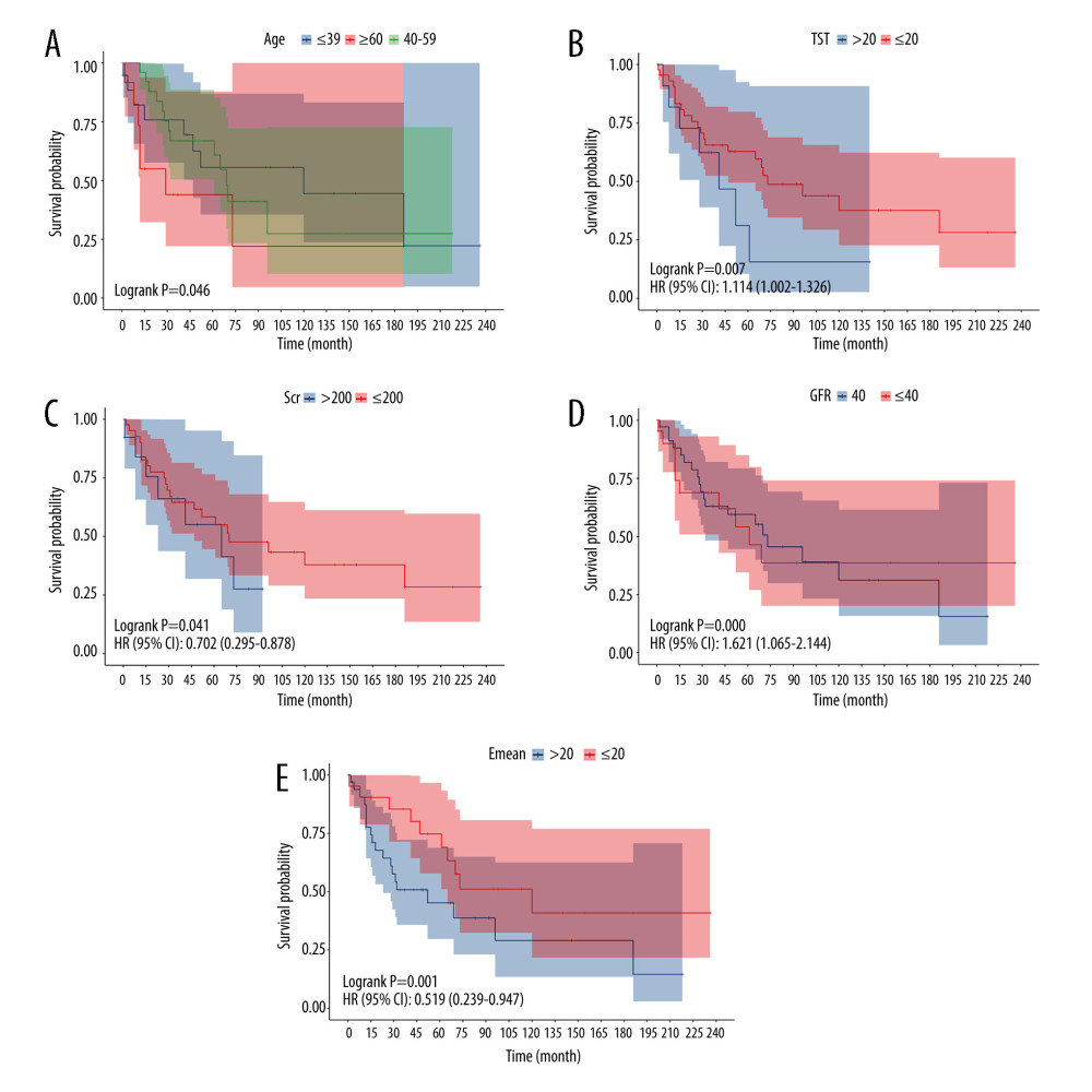 Kaplan-Meier survival curve of validation group, age (A), TST (B), Scr (C), GFR (D), Emean (E) (R program, Version 4.2.3, R Foundation for Statistical Computing).