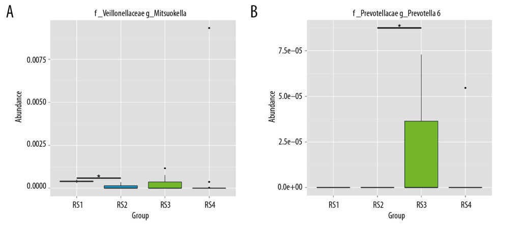 Sequencing and identification of the rat intestinal microbiota. The sample group is shown on the x-axis. The relative abundance of the corresponding species is shown on the y-axis. * Indicates a significant difference between the two groups (P<0.05), and ** indicates a significant difference between the two groups (P<0.01). (A) At the genus level, the Mitsuokella content was highest in the RS3 group. (B) The content of Prevotella was highest in the RS3 group.