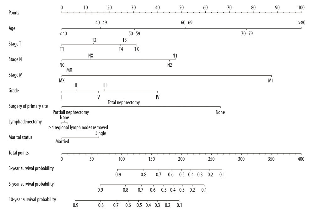 Nomograms for 3-year, 5-year, and 10-year overall survival (OS) for patients with papillary renal cell carcinoma (RCC). OS – overall survival; RCC – renal cell carcinoma.