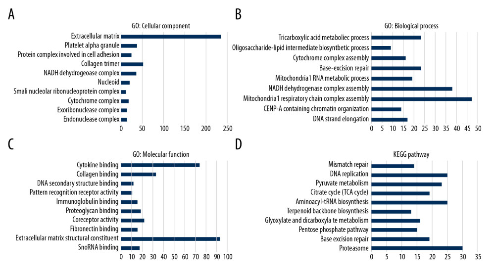 Significantly enriched GO annotations and KEGG pathways of CUBN in CRC. GSEA was used to analyze the significantly enriched GO annotations and KEGG pathways of CUBN co-expression genes in CRC. The top 10 significant networks were chosen. (A) CC; (B) BP; (C) MF; (D) KEGG pathway analysis.