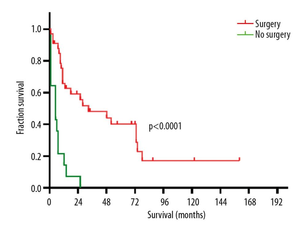 Kaplan-Meier curves indicated that patients with OGTP that underwent surgical resection had significantly longer survival than those who did not undergo resection (33 months versus 5 months; HR 0.07, 95% CI 0.03–0.21, P<0.0001) OGTP – osteoclast-like giant cell tumor of the pancreas; HR – hazard ratio; CI – confidence interval.