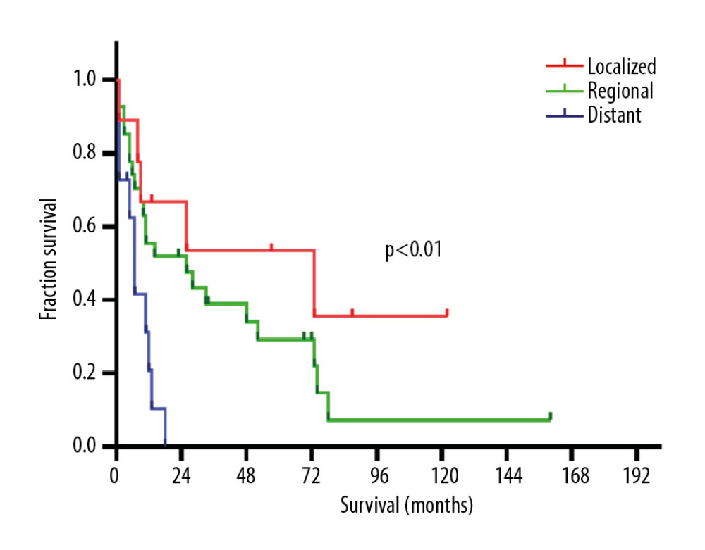 Kaplan-Meier curves indicated that the mOS of OGTP patients with localized, regional, and distant staging were 73, 26, and 7 months, respectively (P<0.01). mOS – median overall survival; OGTP – osteoclast-like giant cell tumor of the pancreas.