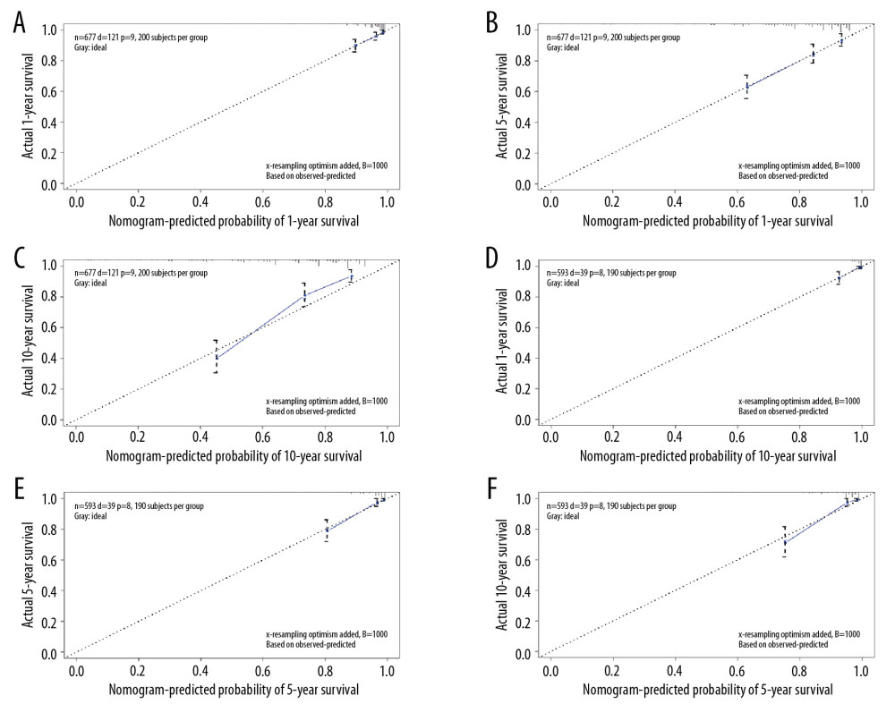 Calibration plots for predicting patient overall survival (A–C) and cancer-specific survival (D–F) at 1, 5, and 10 years.