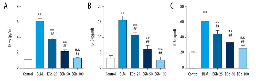 EGb761 suppresses bleomycin (BLM)-induced proinflammatory cytokines in the early stage. Mouse peripheral blood was collected on day 7 after BLM treatment. Levels of proinflammatory cytokines in serum, including tumor necrosis (TNF)-a (A), interleukin (IL)-1β (B), and IL-6 (C), were detected by enzyme-linked immunosorbent assay kit. All data are shown as mean±standard deviation (n=5). ** P<0.0001 vs. normal group; ## P<0.0001 vs. BLM group.