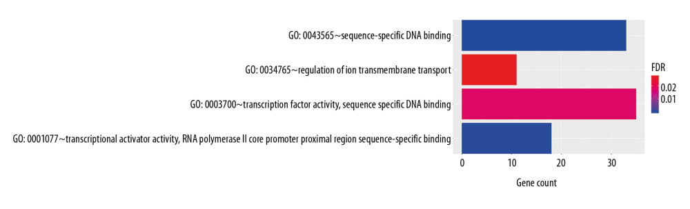 GO enrichment of mRNAs included in the ceRNA network. The target mRNAs were significant enrichment in molecular function. GO – Gene Ontology; mRNAs – messenger RNAs; ceRNA – competing endogenous RNA.