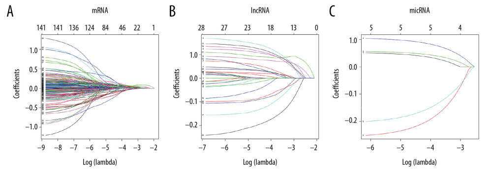 Lasso regression model of RNAs in lung adenocarcinoma. (A–C) Shows Lasso regression models of mRNA, lncRNA and miRNA, respectively. Each line represents a sample. The Y-axis of the graph represents the coefficients of the sample, the top axis represents the number of samples, and the bottom axis represents the logarithm of the parameter λ (Log(lambda)). mRNA – messenger RNA, lncRNA – long noncoding RNA; miRNA – microRNA.