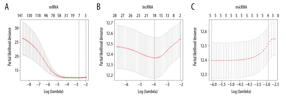 Ten times cross validation of RNAs in lung adenocarcinoma. (A–C) Shows 10 times cross validations of mRNA, lncRNA, and miRNA, respectively. The 2 dotted lines represent 2 special lambda values, lambda.min and lambda.1se. Lambda.min refers to the lambda value of the mean value of the smallest target parameter among all the lambda values, and lambda.1se refers to the lambda value of the most compact model obtained within a variance of lambda.min. mRNA – messenger RNA, lncRNA – long noncoding RNA; miRNA – microRNA.