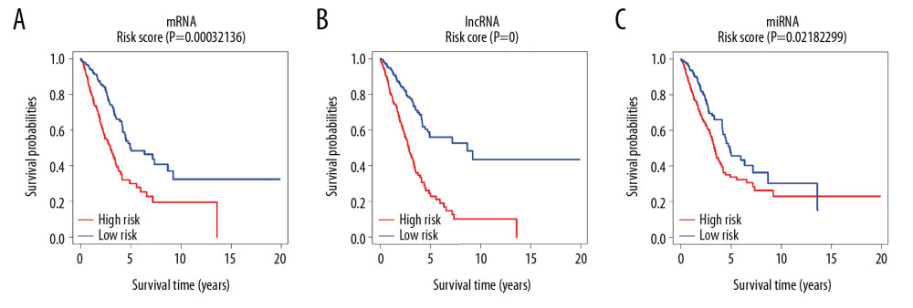 Risk score curve. (A–C) Shows risk score curves of mRNA, lncRNA and miRNA, respectively. X-axis represents survival time in years and Y-axis represents survival probabilities. mRNA – messenger RNA; lncRNA – long noncoding RNA; miRNA – microRNA.