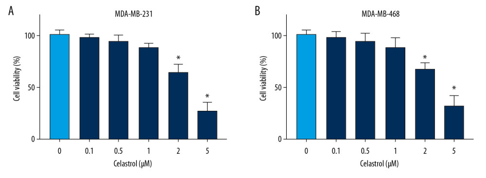 The effect of celastrol on viability of TNBC cells. (A, B) Cell viability was examined in MDA-MB-231 and MDA-MB-468 cells after exposure to various doses of celastrol for 24 h via MTT assay. * P<0.05 vs. the non-treated group (0 μM).