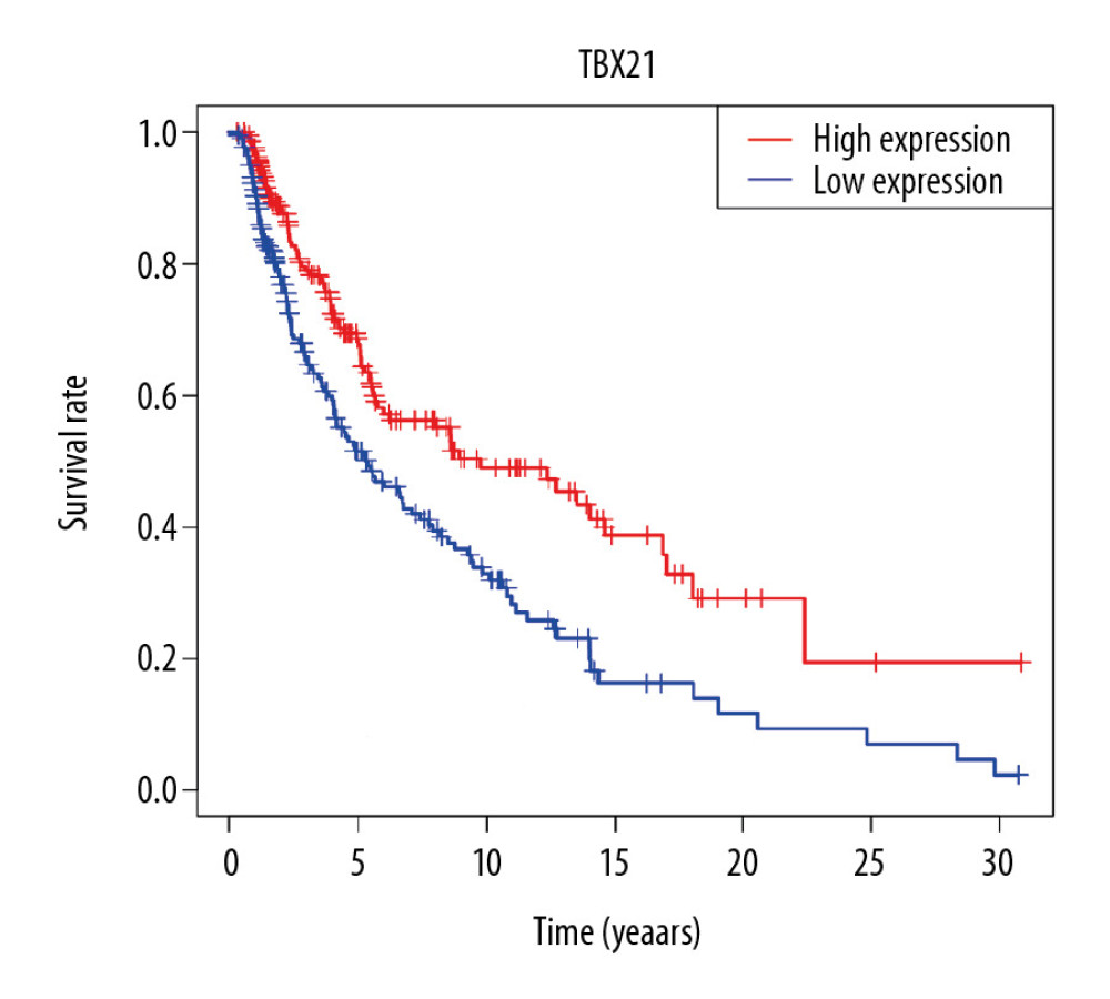 Effect of TBX21 expression on survival of skin cutaneous melanoma patients.