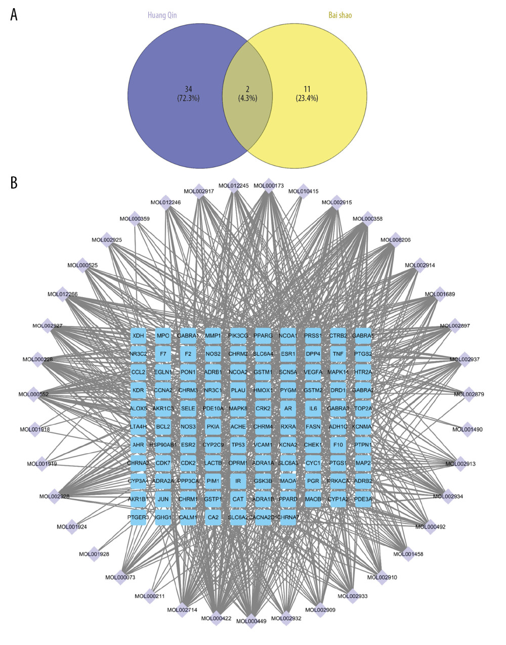 Bioactive compounds screening and compound target network construction. (A) The number of bioactive compounds in Huang Qin and Bai Shao are shown in a Venn diagram. (B) Compound target network of Huang Qin-Bai Shao herb pair constructed for topological analysis.