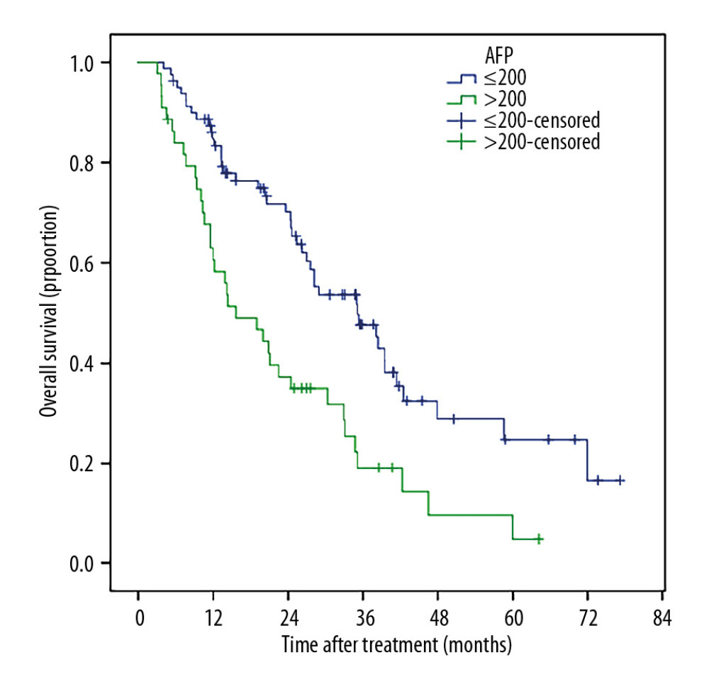 The 1-, 2-, 3-, 5-, and 6-year post-ablation survival rates were significantly higher in patients with a pre-ablation AFP level v200 ng/mL than in those with a pre-ablation AFP level >200 ng/mL.