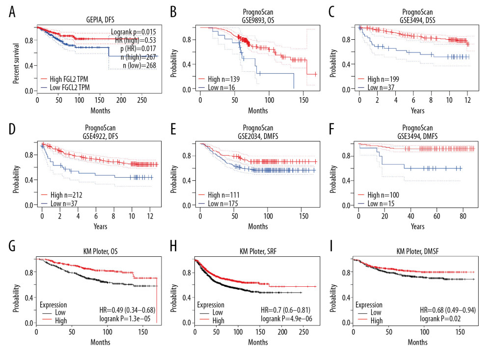 Survival rates for FGL2 in breast cancer. The GEPIA database, PrognoScan database, and Kaplan-Meier plotter database were used to analyze the prognostic potential of FGL2 in breast cancer. (A) In the GEPIA database, a lower expression level of FGL2 was associated with a poor prognosis of disease-free survival (DFS) in breast cancer. (B–F) In the PrognoScan database, GSE9893, GSE3494, GSE4922, GSE2034, and GSE19615 were used to evaluate overall survival (OS), disease-specific survival (DSS), disease-free survival (DFS), and distant metastasis-free survival (DMFS), respectively. (G–I) The Kaplan-Meier plotter database was used to measure OS, relapse-free survival (RFS), and DMFS related to FGL2 in breast cancer.
