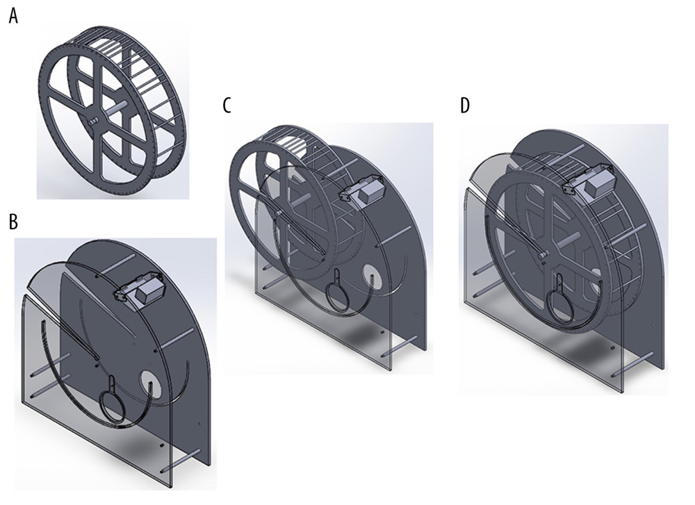 Design of the running wheel platform: (A) The main body of the running wheel comprised two circular, transparent acrylic sheets, iron rods forming the running track, and a center supporting rod. (B) The side plates of the bracing frame comprised two iron sheets and a U-shaped sensing curve. (C) Insertion process of running wheel and side plates. (D) Complete running wheel mechanism.