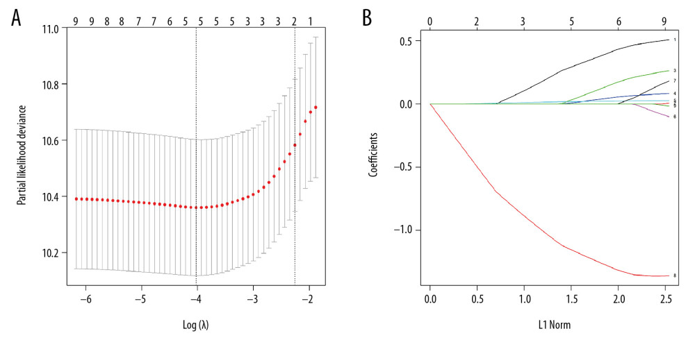 The clinical variables were screened using the least absolute shrinkage and selection operator (LASSO) Cox regression model. (A) The selection of the optimal parameters in the LASSO model used a cross-validation method based on the minimum criterion. The partial likelihood deviation curves were plotted in accordance with log (lambda). A dashed vertical line was drawn at the optimal value using the minimum criterion and 1-SE criterion of the minimum criterion. (B) LASSO coefficient profiles of the nine features. Generating a coefficient profile based on the log (lambda) sequence. Cross validation was performed to obtain vertical lines over the selected values, where the optimal lambda yields the characteristic of five non-zero coefficients.