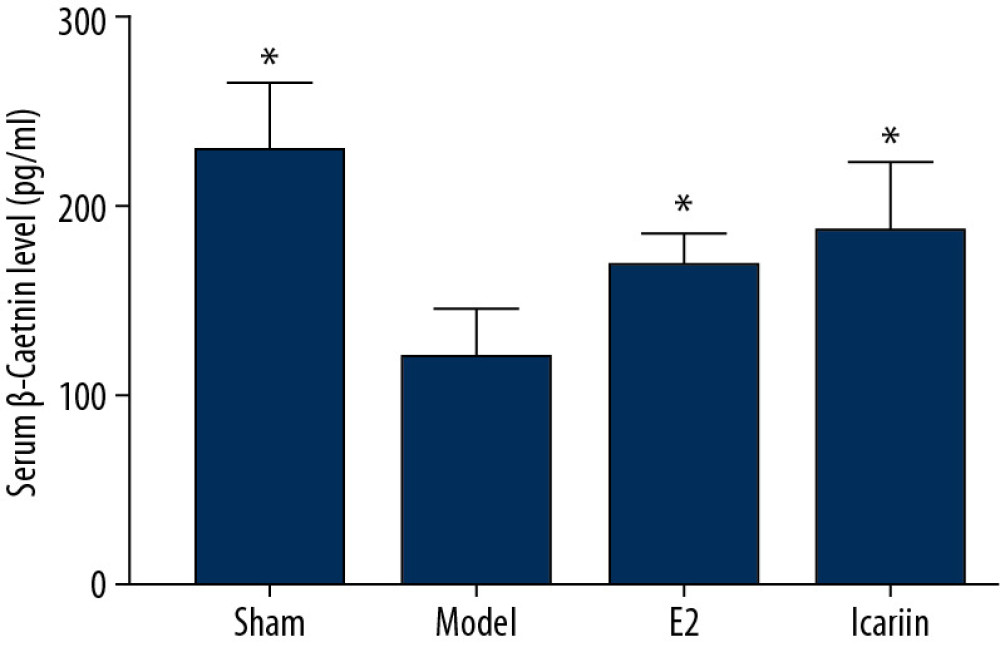 Effect of icariin on serum β-catenin level (After 12 weeks of drug intervention. n=8, * Compared with model group, P<0.05).