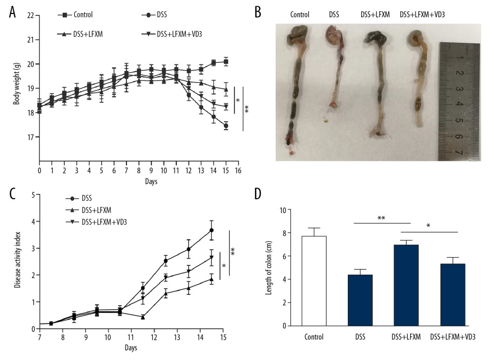 The effects of rifaximin on disease activity index (DAI) in DSS-induced mice was reduced by VD3. (A) Weight changes are shown as the mean change from the starting body weight; (B) DAI was assessed as the average of score of clinical parameters; (C) Colon length. (D) Colon length n=6 mice for each group. Data are presented as the mean±SD. * P<0.05, ** P<0.01, following one-way analysis of variance (ANOVA).