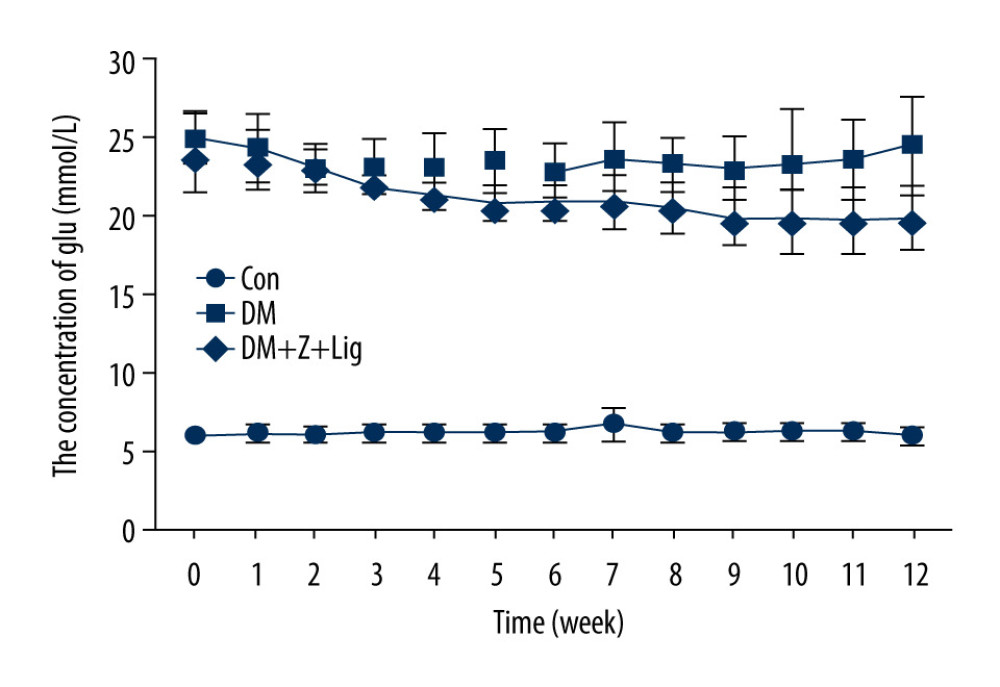 Change in blood glucose levels. A significant increase in blood glucose level is shown in the diabetic rats (DM and DM+Z-Lig groups). Values are presented mean±standard deviation, n=12.