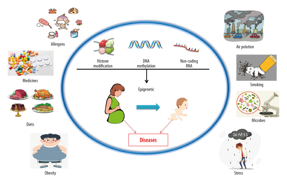 Epigenetic modifications by which environmental exposure influences the occurrence of diseases.