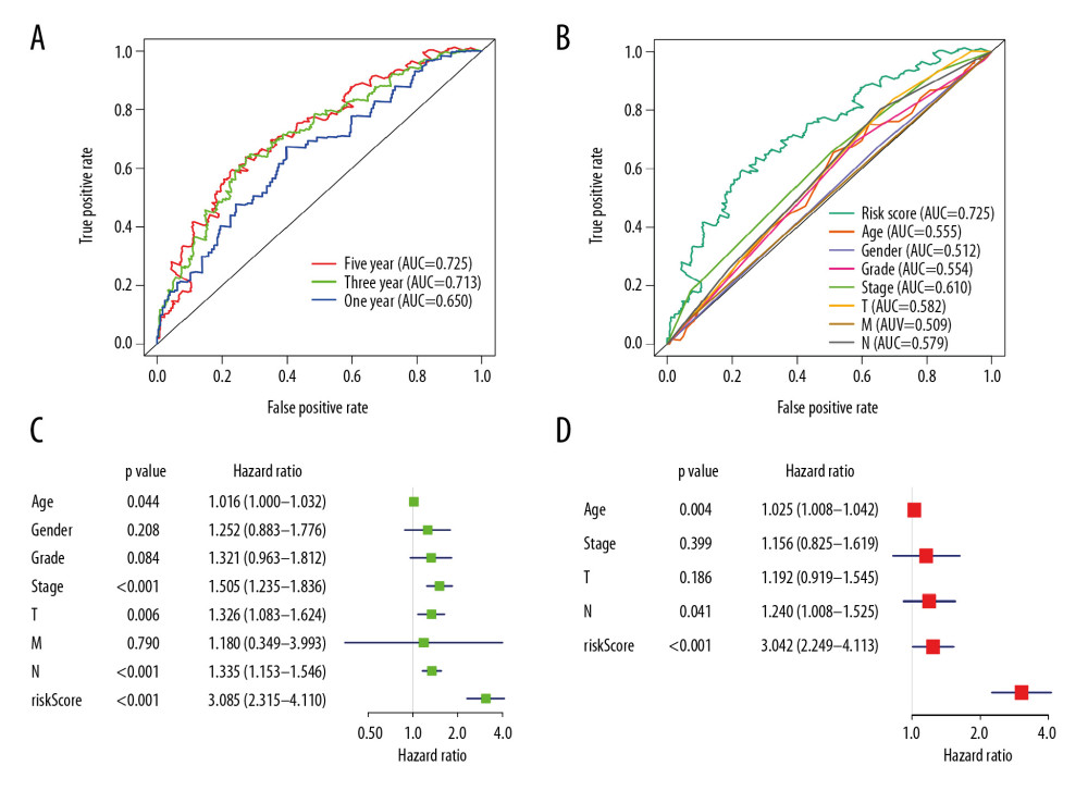 Evaluation of the prognostic and clinical factors in GC. (A) Receiver operating characteristic (ROC) analysis of the sensitivity and specificity of the survival time by the risk model in 1 year, 3 years, and 5 years. The black line evaluates whether the difference of 2 estimated AUCs at each timepoint is statistically significant. (B) Receiver operating characteristic (ROC) analysis of the sensitivity and specificity of the risk model and clinical traits, including age, sex, grade, and TNM stage. The univariate (C) and multivariate (D) Cox regression analysis for the risk model score and clinical traits, including age, sex, grade, and TNM stage.