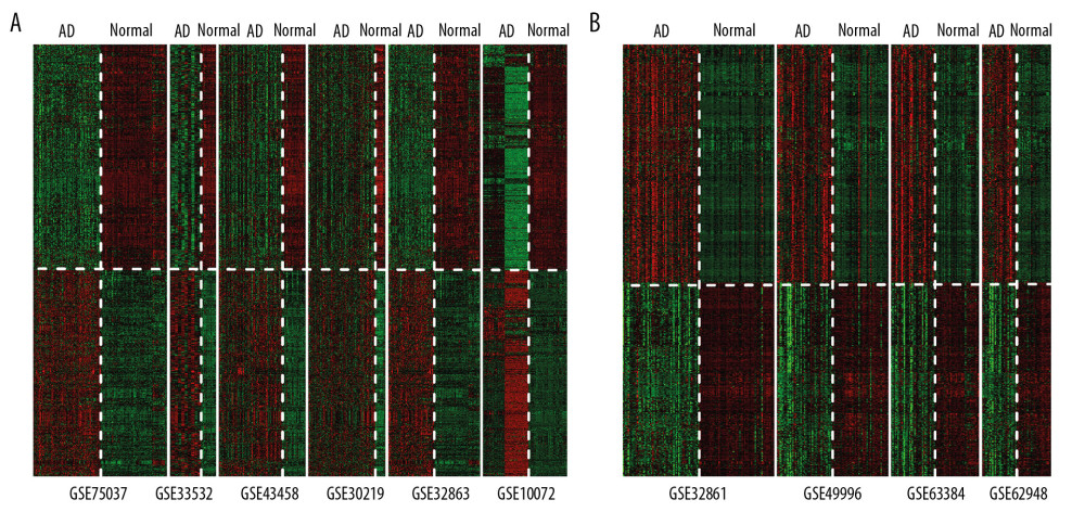 Heatmaps of (A) significant differentially expressed genes and (B) differentially methylated genes obtained based on MetaDE screening.