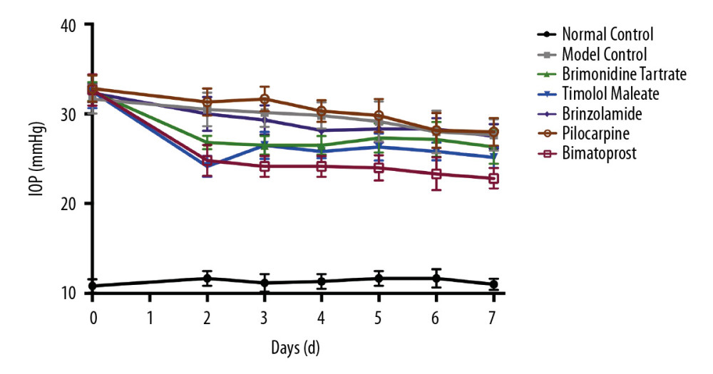 Intraocular pressure (IOP) changes of the rats administered continuously for 1 week. IOP of rats treated with brimonidine, timolol, and bimatoprost were significantly lower than in the control group at 2–7 days after administration, and the difference was statistically significant (P<0.05). The IOP of the rats treated with brinzolamide and pilocarpine were not significantly different from the control group at 2–7 days after administration (P>0.05).