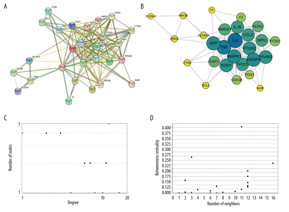 Analysis of key target genes of Epimedii Herba against AD. (A) PPI network diagram of Key Targets. (B) Interaction network of targets for Epimedii Herba against AD. (C) Distribution of degree. (D) Betweenness centrality. The size and color of the nodes are proportional to degree centrality by topology analysis.