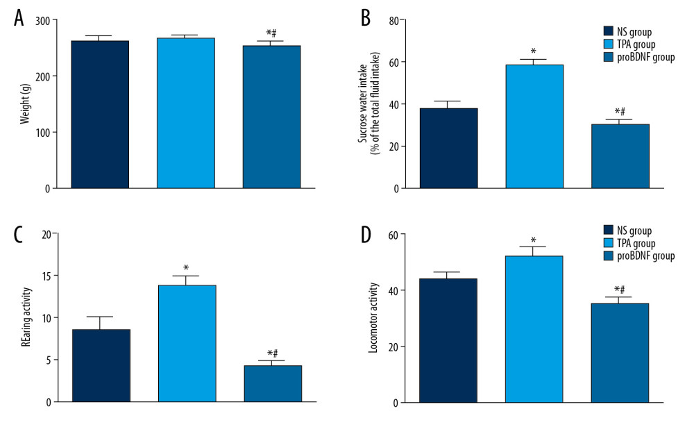 Effects of t-PA, proBDNF, or NS administered by ICV injection on depression-like behavior in PSD models rats. Histograms show (A) body weight (feeding behavior), (B) sucrose preference, (C) rearing activity, and (D) locomotor activity in rats injected with NS, t-PA, or proBDNF as indicated. N=8 rats/group. * P<0.05 versus NS-treated rats; # P<0.05 versus t-PA-treated rats. BDNF – brain-derived neurotrophic factor; ICV – intracerebroventricular; NS – normal saline; PSD – poststroke depression; t-PA – tissue plasminogen activator.