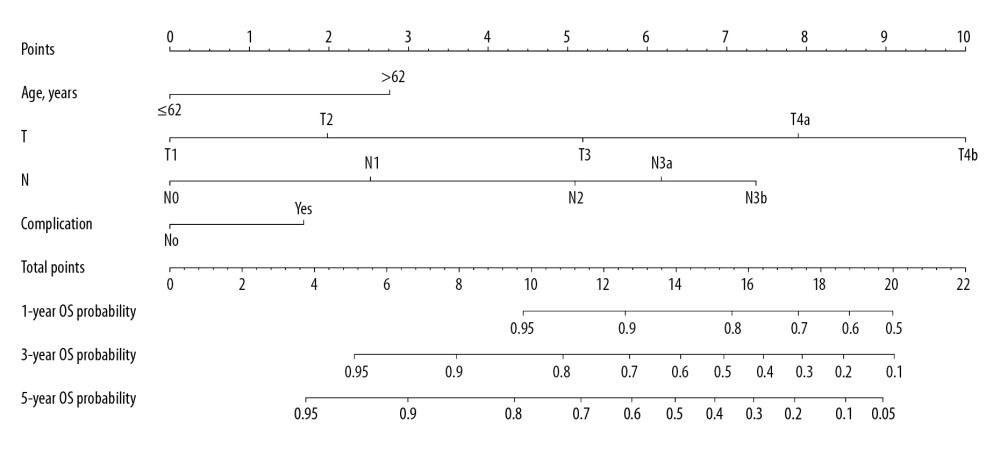 Prognostic nomogram of 1-year, 3-year and 5-year overall survival of resected GC patients within ERAS. Covariates were assessed for the patient and given a point in the nomogram. A higher total number of points indicated a higher likelihood of poor clinical outcomes and shorter expected survival. T – 8th edition of AJCC (American Joint Committee on Cancer) T staging; N – 8th edition of AJCC N staging.