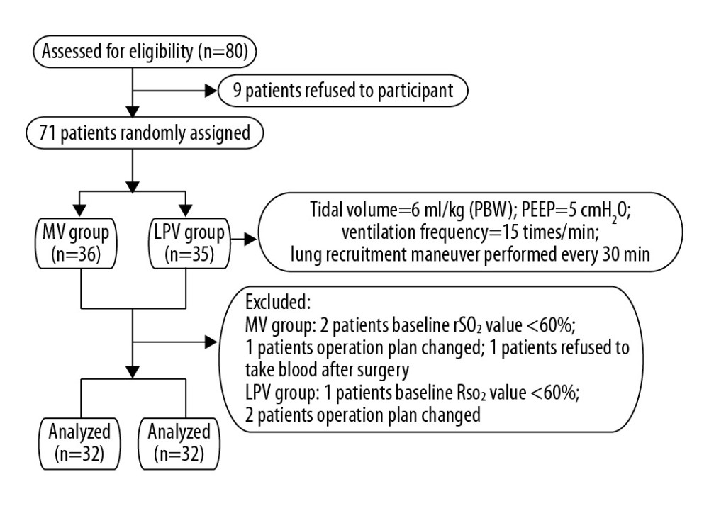 Patient flow diagram of this study. Studies have found that preoperative rSO2 value less than 60% is closely related to the occurrence of postoperative mental state dysfunction in elderly patients, therefore, patients with baseline rSO2 value <60% before anesthesia induction were removed from the trial. MV – conventional mechanical ventilation; LPV – lung-protective ventilation; rSO2 – cerebral oxygen saturation.
