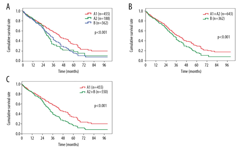 Comparison of overall survival among patients with HCC in (A) BCLC stage A1 or stage A2 vs. BCLC stage B; (B) BCLC stage A1+A2 vs. BCLC stage B; (C) BCLC stage A1 vs. BCLC stage A2+B. HCC – hepatocellular carcinoma; BCLC – Barcelona Clinic Liver Cancer.