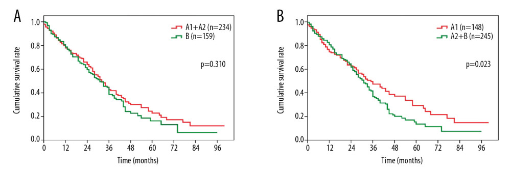 Overall survival comparison among patients who underwent transarterial chemoembolization for hepatocellular carcinoma in (A) BCLC stage A1+A2 vs. BCLC stage B, and (B) BCLC stage A1 vs. BCLC stage A2+B. BCLC – Barcelona Clinic Liver Cancer.
