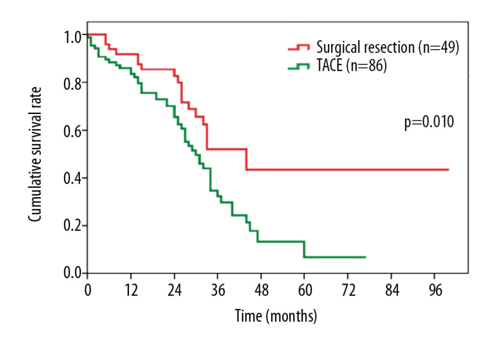Overall survival comparison among patients with hepatocellular carcinoma in BCLC stage A2 who underwent surgical resection vs. transarterial chemoembolization. BCLC – Barcelona Clinic Liver Cancer.