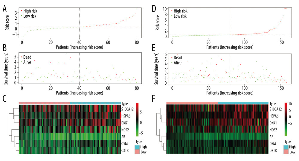 Evaluation of the prognostic signature in the validating cohorts. (A) The risk score distribution plot in the testing cohort. (B) Survival status plots in the testing cohort. (C) Heatmap of risk genes in the testing cohort. (D) The risk score distribution plot in the entire cohort. (E) Survival status plots in the entire cohort. (F) Heatmap of risk genes in the entire cohort.