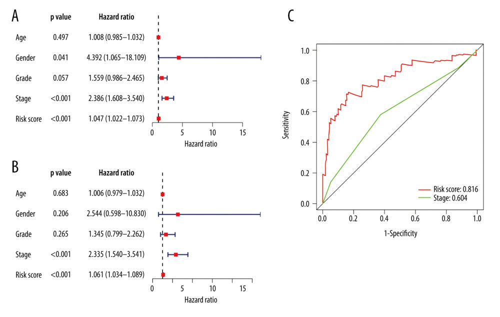 Clinical utility of the model in the entire cohort. (A) Univariate Cox analysis. (B) Multivariate Cox analysis. (C) The receiver operating characteristic (ROC) curve of the prognostic variables in the entire group at 1 year.