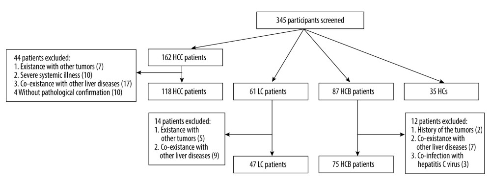 Flowchart describing the participant selection process. HCC – hepatocellular carcinoma; LC – liver cirrhosis; CHB – chronic hepatitis B; HCs – healthy controls.