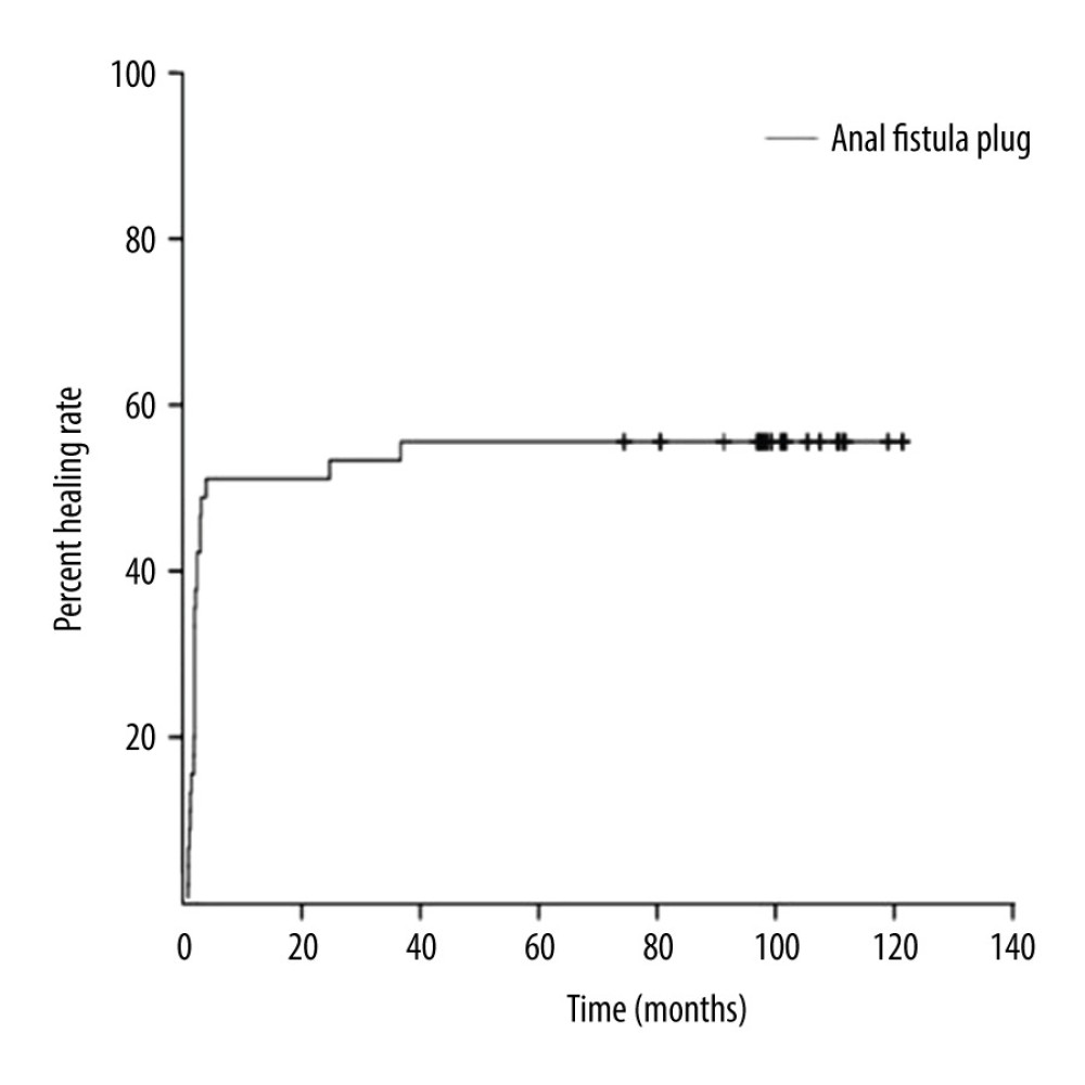 Long-term healing rate of anal fistula plugs for the treatment of trans-sphincteric anal fistulas. Kaplan-Meier survival analysis showed that with the extension of time, the total number of patients reached the healing standard and without recurrence gradually increased, and the anal fistula healing rate gradually increased. Finally, the healing rate was stable at about 56%.